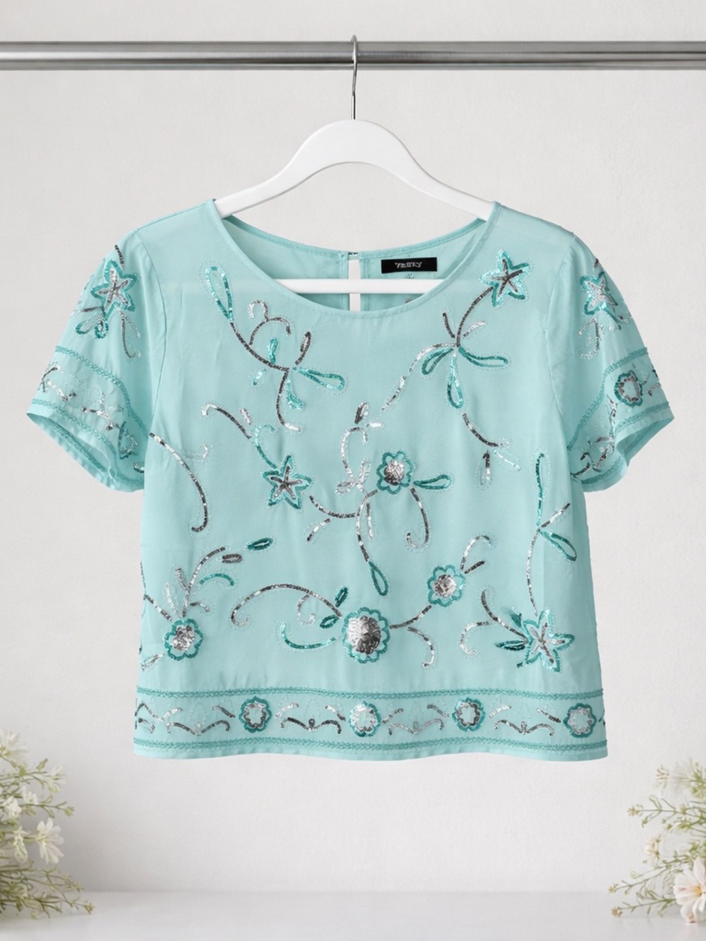 Verty Aqua Embellished Short-Sleeve semi sheer top nwt women’s small